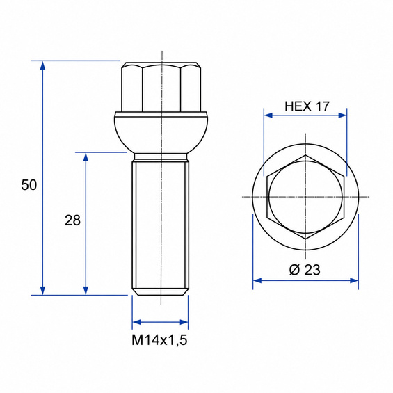 Fixing screw M14x1.5 / 28mm / sphere / black / K17